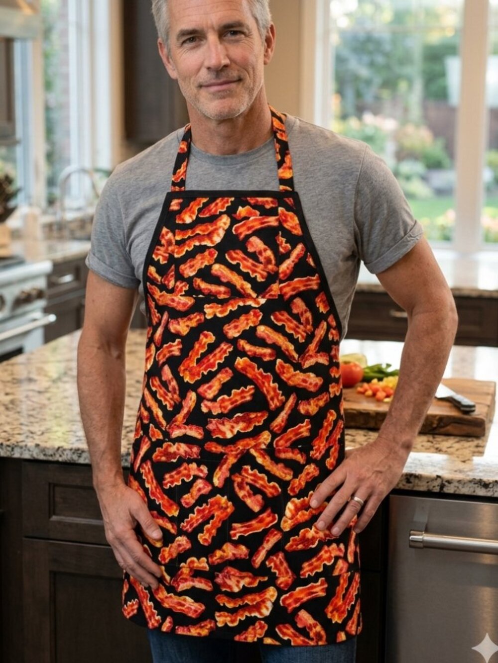 Handmade Bib Kitchen Apron Bacon Strips Cotton Pocket Brunch Breakfast